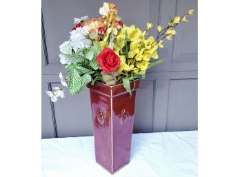 Burgundy Ceramic Tall Square Flower Vase W/Faux Flower Bunch