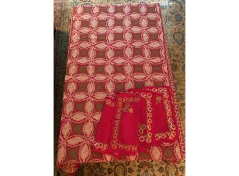 Exquisitely Embroidered Red Table Cover And Matching Napkins