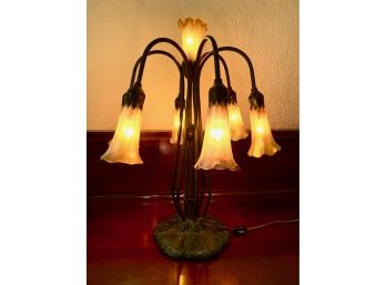 Art Nouveau Tiffany-Style Aged Brass Or Bronze Lily Lamp With Glass Shades