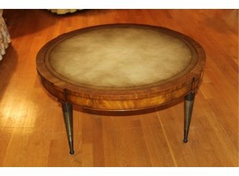 Vintage Leather Top Round Coffee Table Mid Century