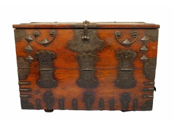 Remarkable 19th Century Korean Hand Hewn Style Chest With Beautiful Iron Hardware & Trim