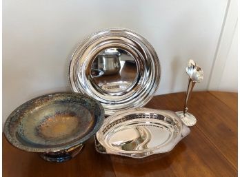 Group Of 3 Fine Silver Plate Platters And A Bud Vase