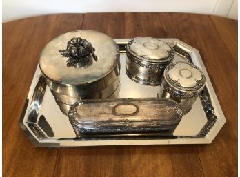 4 Silver Plate Vanity Boxes On Lovely Tray - Vintage
