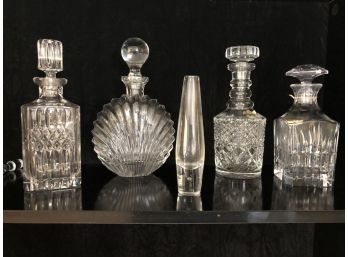 Signed Steuben Vase And 4 Crystal Decanters