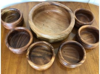 Wooden Salad Bowl And 6 Individual Matching Bowls