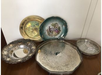 Huge Silver Plate Tray With Repouse Raised Sides Plus 4 More