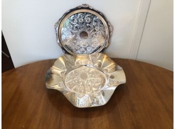 Modern Silver Plate Wave Platter And Traditional Sheffield Tray