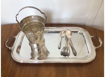 Ice Bucket, Large Tray And Spoons - Lovely Silver Plate