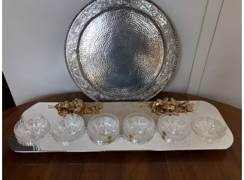 Entertainer's Delight! New In Box, Hammered Italian Silver Plate Serving Platter With Crystal Bowls