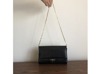 Black Alligator Embossed Patent Leather Shoulder Bag, Vintage With Thin Gold Tone Chain Strap
