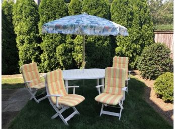 Outdoor Dining Table, Chairs And Umbrella, Resin