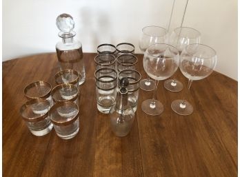 Silver And Gold Assorted Bar Ware Including Etched Wine Glasses