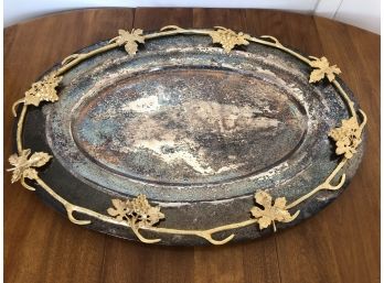 Enormous Silver Plate Platter With Gold Tone Leaf And Stem Details