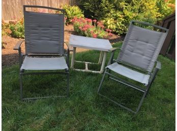 2 Metal Outdoor Folding Chairs With Cushioning And Small Table