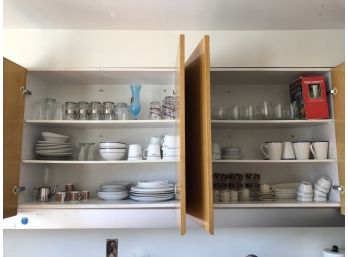 2 Full Kitchen Cabinets With Assorted Dishes And Glasses Plus