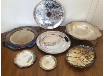 7 Pieces Of Silver Plate Trays And Plates Including Wolf, Various Sizes