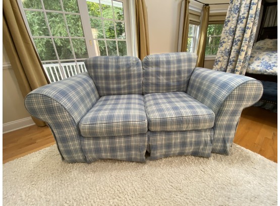 Upholstered Loveseat  With Blue And White Check Fabric