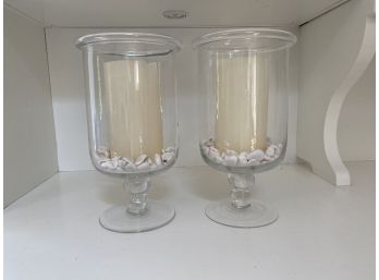 Pair Of Glass Hurricanes With Candles