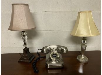 Bronze And Glass Lamp, Mirrored Lamp And Phone