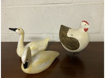 Pair Of Wooden Swans And Hen