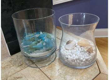 Two Glass Containers Filled With Sea Glass/ Sea Shells