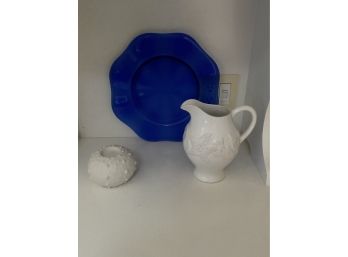 Decorative Shell Pitcher Blue Plate And Candle Holder