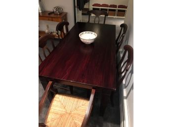 Pottery Barn Dark Wood Dining Table With Six 'Napoleon' Rush Seat Chairs