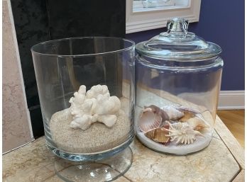 Footed Glass Container With Sand And Coral/Covered Canister With Shells