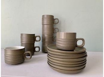 Vintage Denby Camelot Chevron Cups And Saucers | Set Of 8 | Olive Green | Made In England
