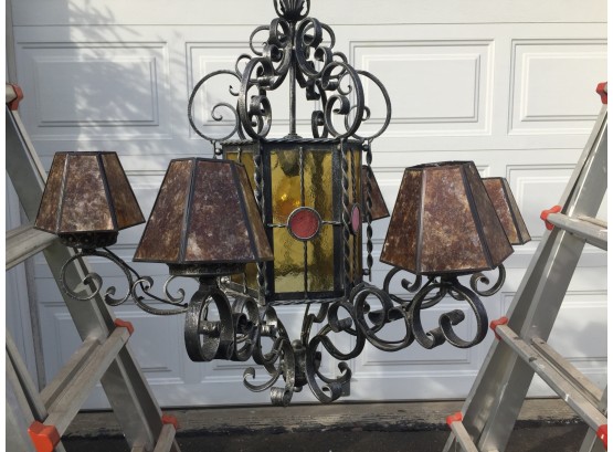Vintage Gothic 6 Light Wrought Iron Chandelier W/ Hexagon (6) Stained Glass Panels