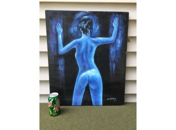 Outstanding Blue And Black Nude Painting On Canvas. Signed M. Harding. Mid-Century Modern?
