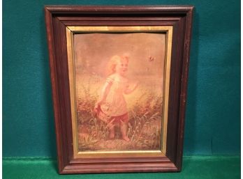 Antique Print Young Girl Chasing Butterfly. In Original Antique Wood Frame.