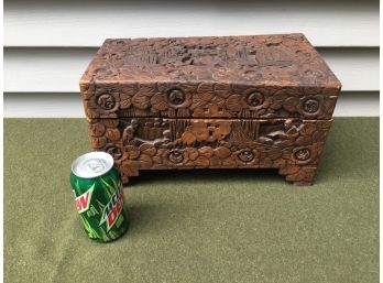 Antique Asian Wood Carved Box Chest. Heavy And Deep Relief Carving.