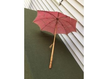 Antique Pink Parasol. Carved Wood Handle With Tassel.