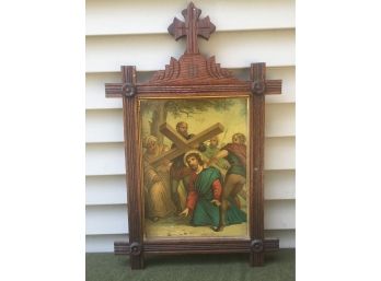 Victorian Religious Icon Oak Wood Frame Color Lithograph Jesus And The Cross