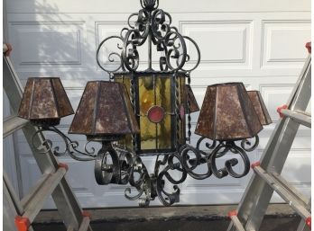 Vintage Gothic 6 Light Wrought Iron Chandelier W/ Hexagon (6) Stained Glass Panels