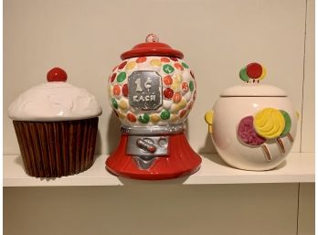 Colorful Gum Ball Machine, Lollipop & Cupcake Cookie Jars
