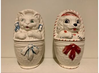 Dog & Cat In Baskets Cookie Jars