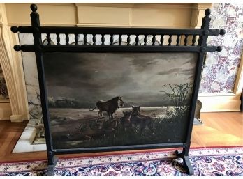 Vintage Wooden Screen With Lion Oil Painting