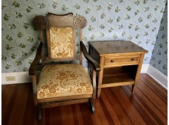 Antique Upholstered Spring Rocking Chair	Thomasville End Table