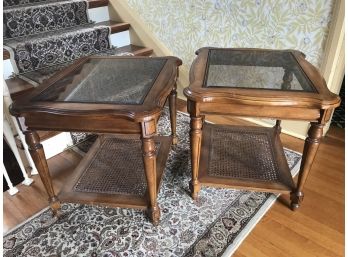 Pair Of Wood And Glass Top End Tables