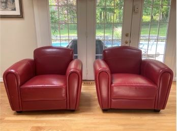 Pair Of Modern Red Leather Armchairs