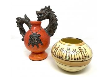 Chinese Dragon “Blessing” Vase & Primitive Japanese Vase