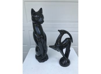 Glazed Black Cat And Deer Sculptures
