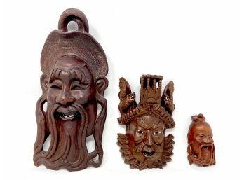 Chinese Wooden Hand Carved Mask Trio