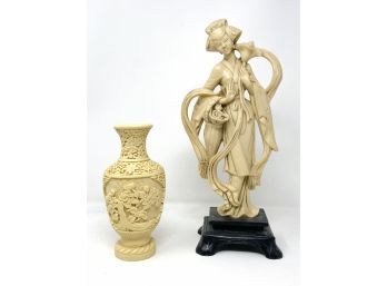 Vintage Carved Vase And Geisha Statue