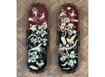 Two Vintage Chinese Carved Shell And Mother Of Pearl Crane Wall Hangings.