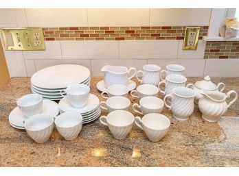 Large Collection Of White Swirl Patterned Porcelain Ceramic Dish Set
