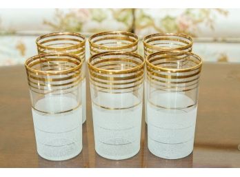 Set Of 6 Vintage Frosted To Clear Highball Glasses W Gold Toned Painted Striped Design