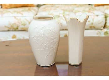Pair Of Lenox Gold Rimmed Ceramic Flower Vases